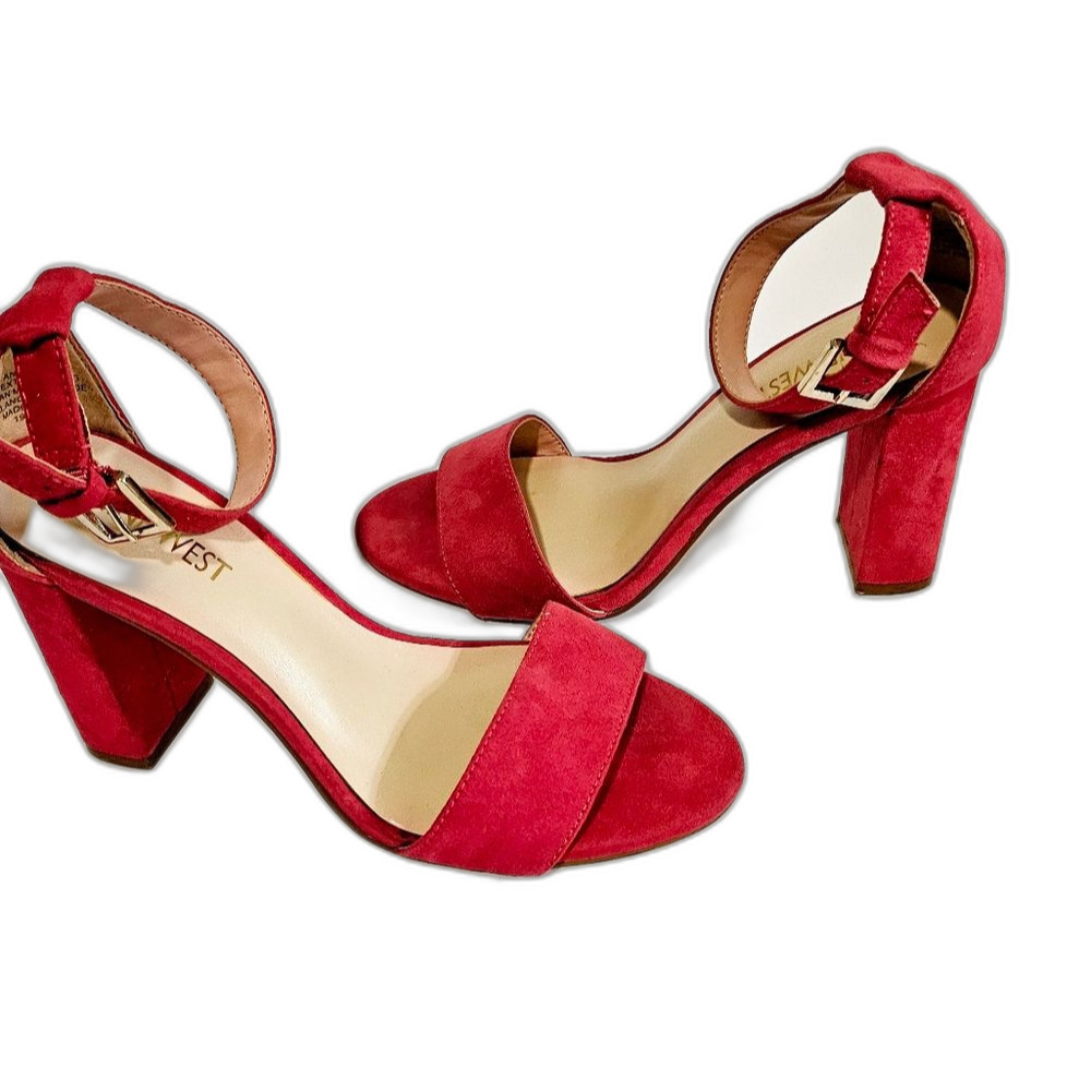 Nine West Angelika Hot Pink Suede Ankle Strap Block Heel Sandals Sz 6 - Picture 4 of 8